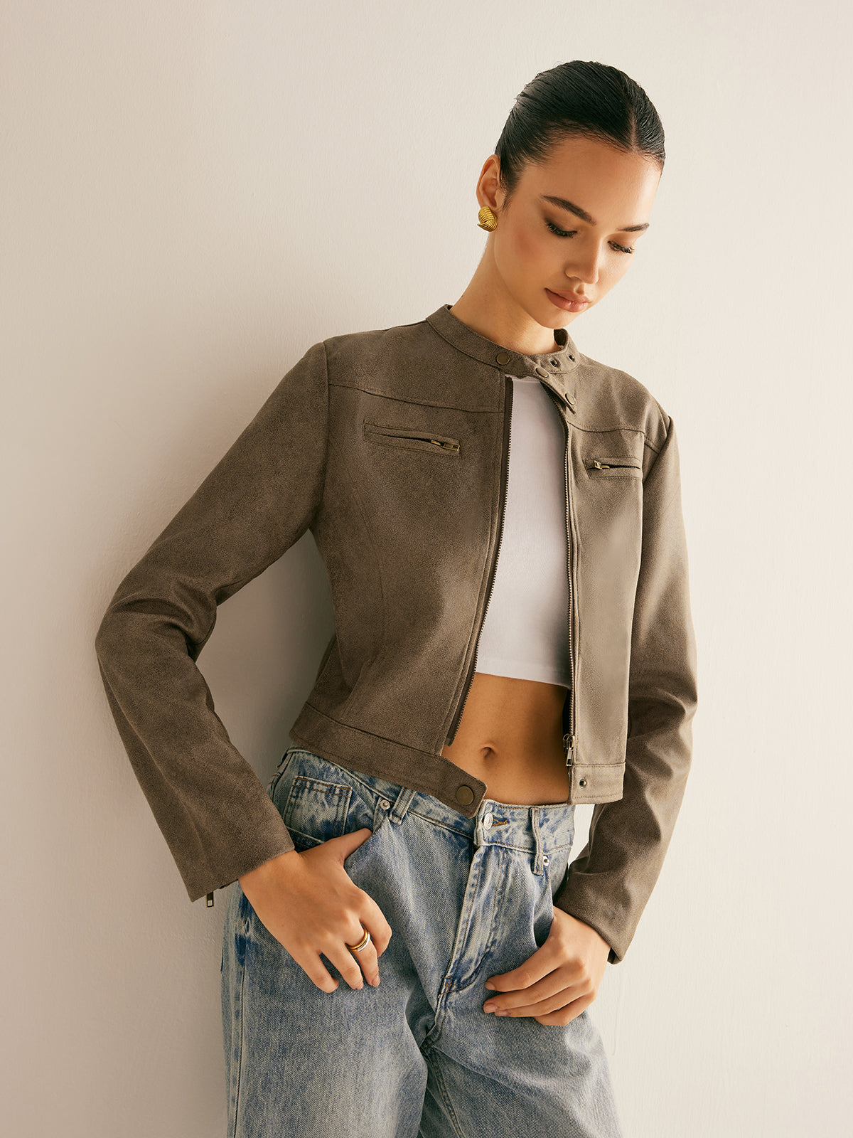 Velina Moda | Button Collar Zipper Jacket