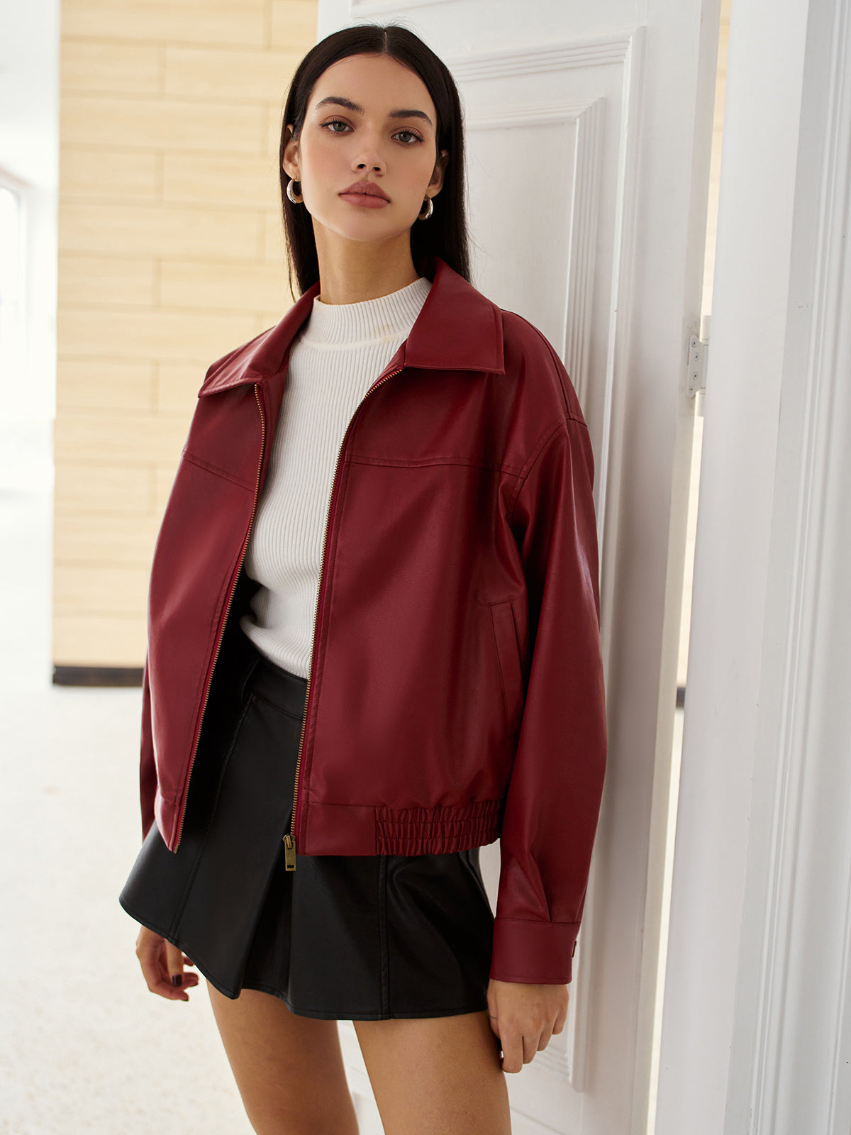 Velina Moda | Leather Zip Polo Jacket