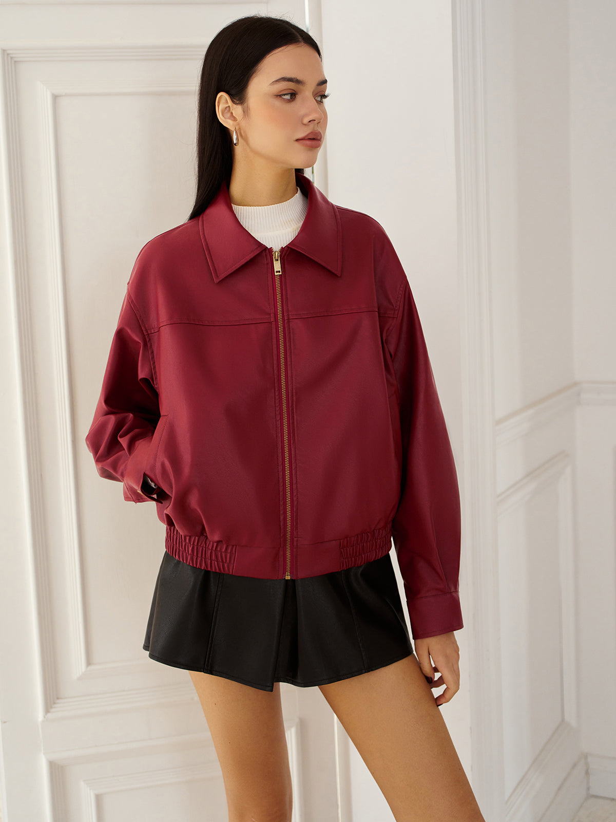 Velina Moda | Leather Zip Polo Jacket