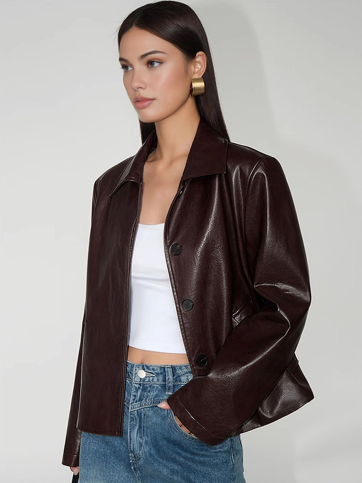 Velina Moda | Leather Zipper Short Polo Jacket