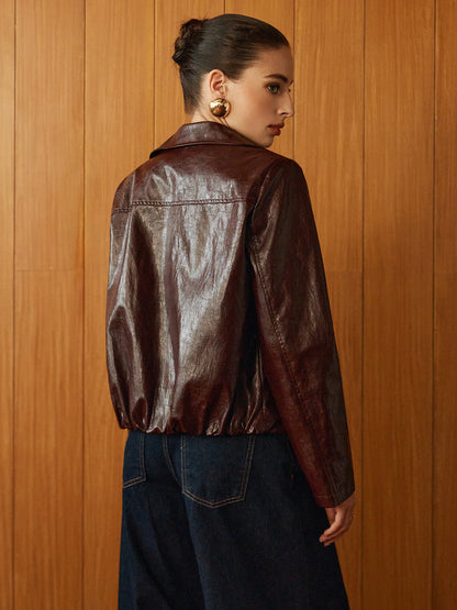 Velina Moda | Leather Zipper Short Polo Jacket