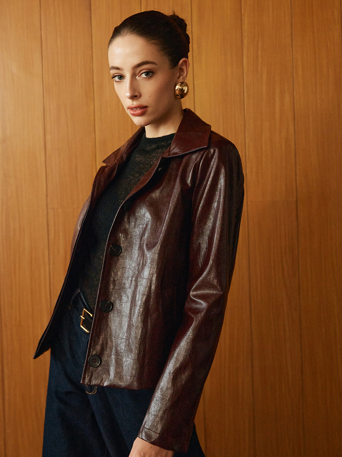 Velina Moda | Leather Zipper Short Polo Jacket
