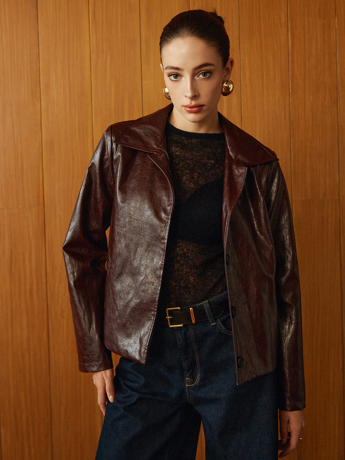 Velina Moda | Leather Zipper Short Polo Jacket