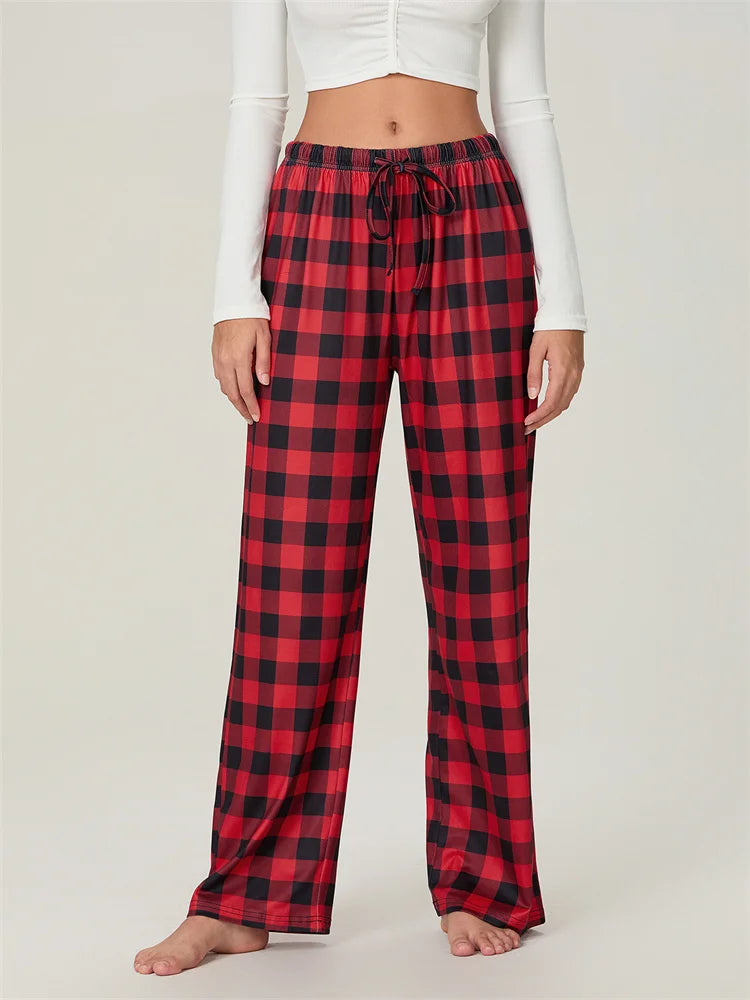 Velina Moda | Christmas Plaid Print Lace-Up Elastic Sleep Pants