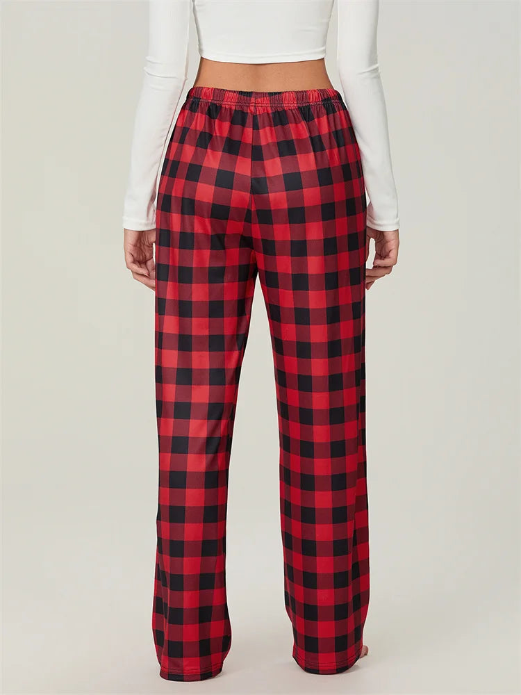 Velina Moda | Christmas Plaid Print Lace-Up Elastic Sleep Pants