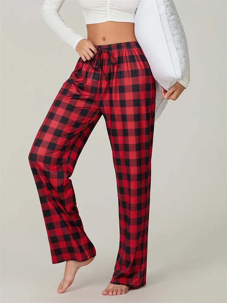 Velina Moda | Christmas Plaid Print Lace-Up Elastic Sleep Pants