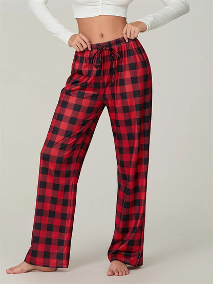 Velina Moda | Christmas Plaid Print Lace-Up Elastic Sleep Pants