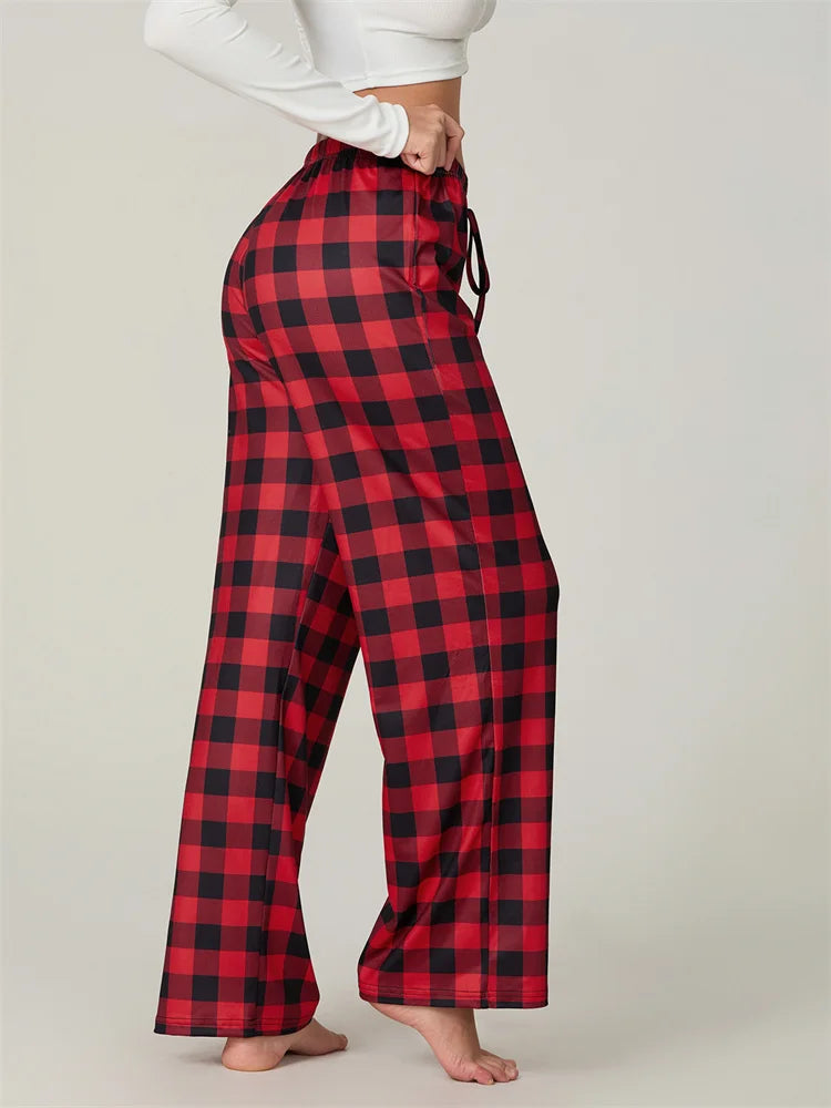 Velina Moda | Christmas Plaid Print Lace-Up Elastic Sleep Pants