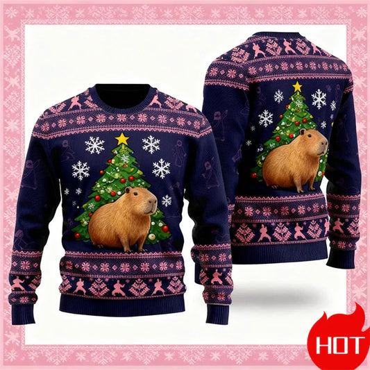 Velina Moda | Christmas Sweater - 3D Capybara Design, Warm Comfort & Joyful Festive Style