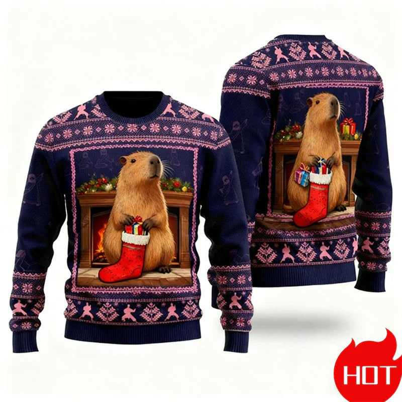 Velina Moda | Christmas Sweater - 3D Capybara Design, Warm Comfort & Joyful Festive Style