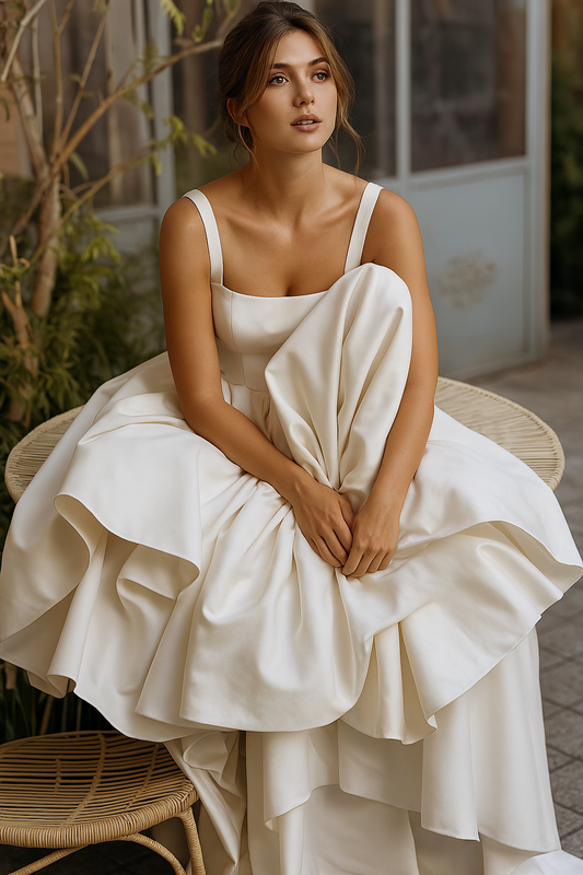 Sairaphynn - Vestido de novia de satén con escote cuadrado y diseño minimalista