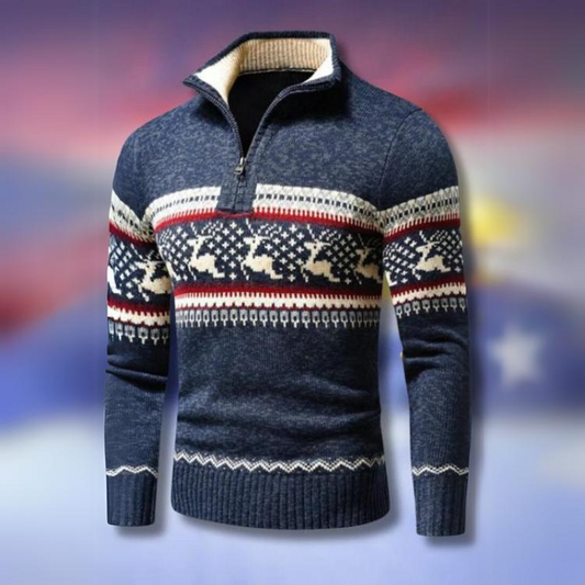 Velina Moda | Winter sweater for men - warm knitted pullover with half zipper & Scandinavian reindeer pattern
