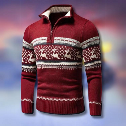 Velina Moda | Winter sweater for men - warm knitted pullover with half zipper & Scandinavian reindeer pattern