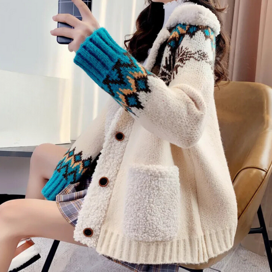 Velina Moda | Knitted Winter Jacket with Fleece Collar Casual Fashion