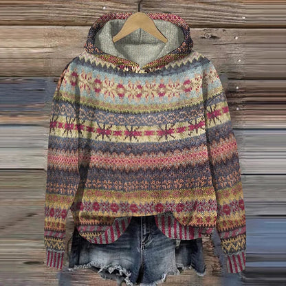 Velina Moda | Hoodie with Norwegian pattern - Knit sweater with hood