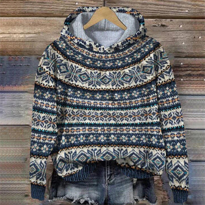 Velina Moda | Hoodie with Norwegian pattern - Knit sweater with hood