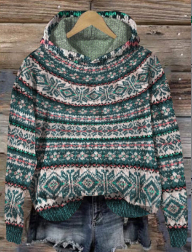 Velina Moda | Hoodie with Norwegian pattern - Knit sweater with hood