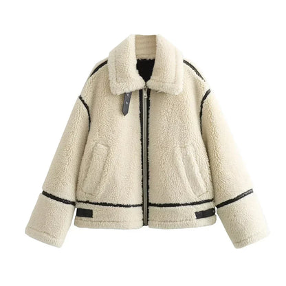 Velina Moda | Warm & soft Sherpa jacket with collar and zipper for winter