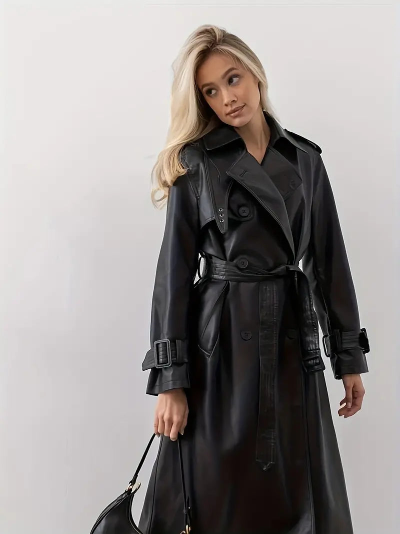 Velina Moda | Leather Trench Coat Women - Long Trench Coat Black