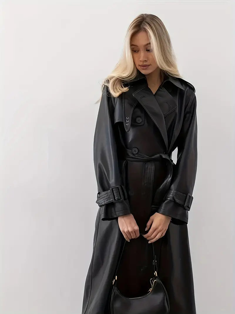Velina Moda | Leather Trench Coat Women - Long Trench Coat Black