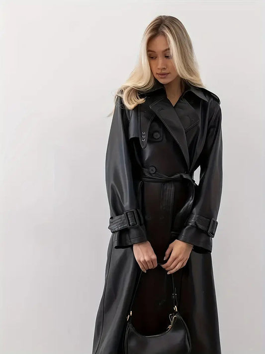 Velina Moda | Leather Trench Coat Women - Long Trench Coat Black