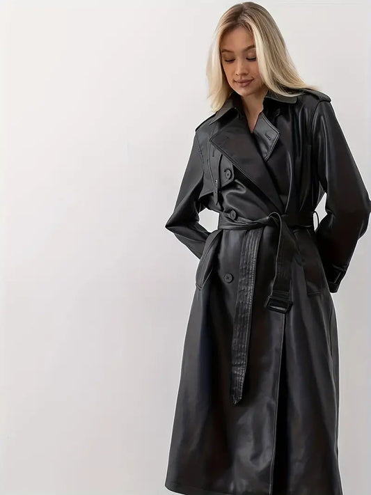 Velina Moda | Leather Trench Coat Women - Long Trench Coat Black