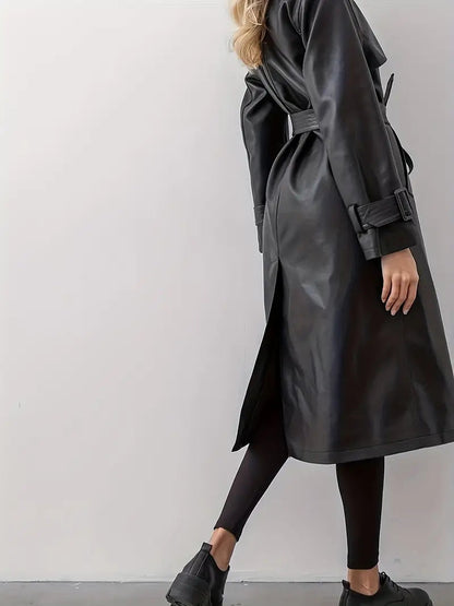 Velina Moda | Leather Trench Coat Women - Long Trench Coat Black
