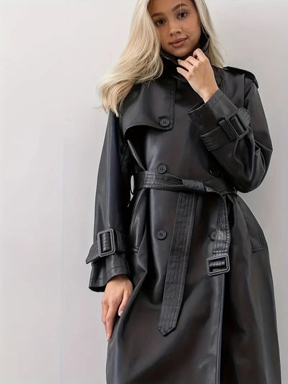 Velina Moda | Leather Trench Coat Women - Long Trench Coat Black