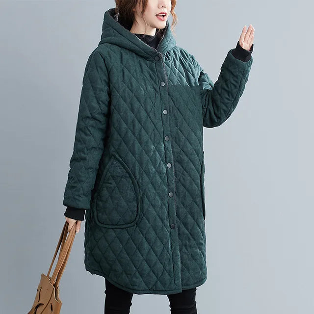 Velina Moda | Women's Hooded Jacket - Padded Knee-Length Jacket