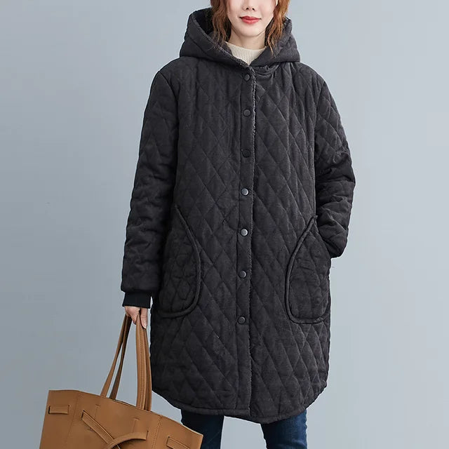 Velina Moda | Women's Hooded Jacket - Padded Knee-Length Jacket