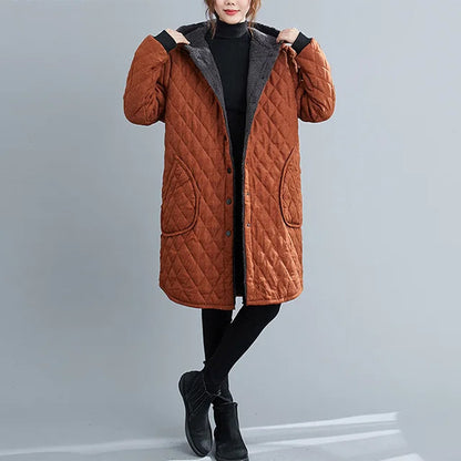 Velina Moda | Women's Hooded Jacket - Padded Knee-Length Jacket