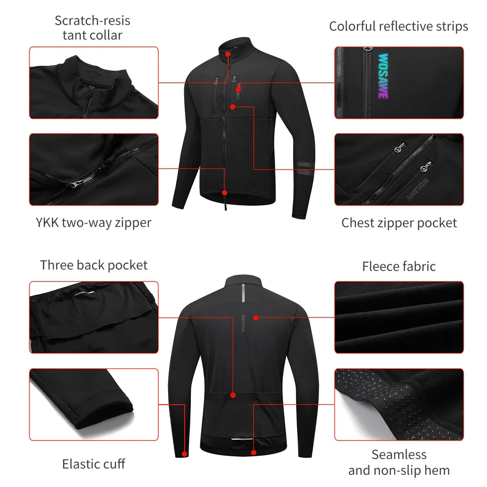 Velina Moda | Men's Cycling Jacket - Windproof Thermal Fleece Jacket with Reflective Details & Multiple Pockets