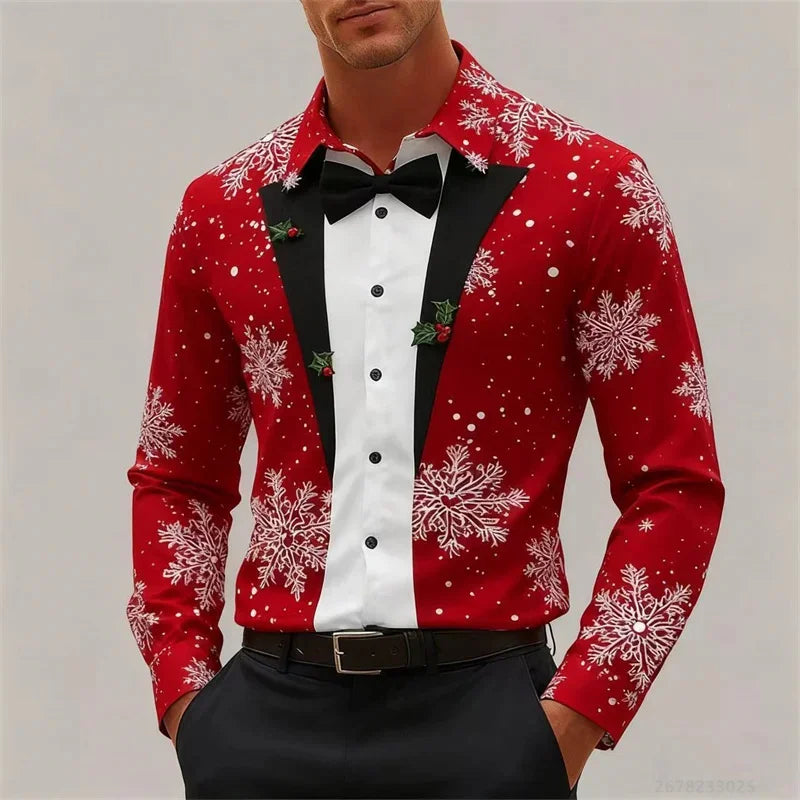 Velina Moda | Men's Shirt - Stylish Look with Snowflakes & Bow Detail
