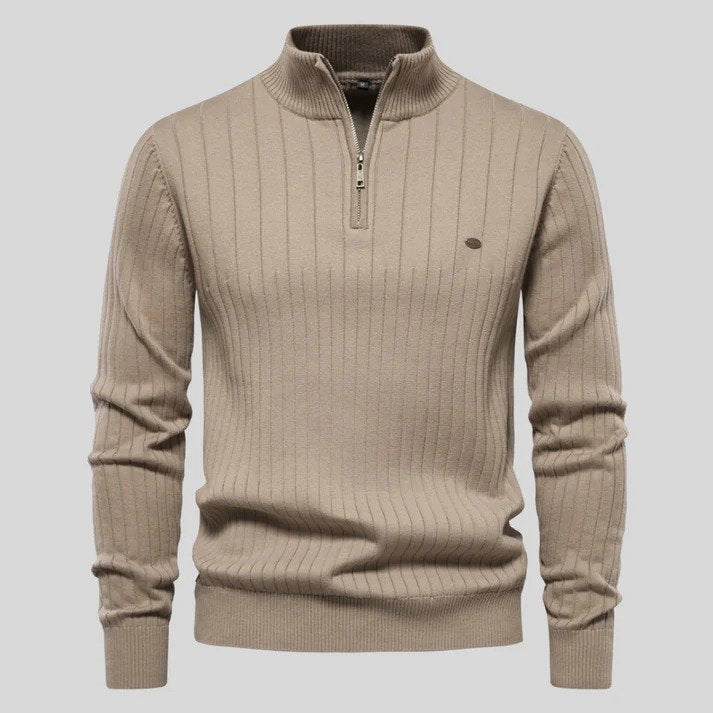Velina Moda | Sweater - Half-Zipper Ribbed Structure Stand-Up Collar