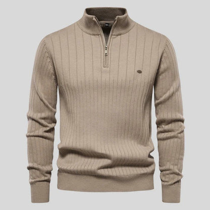 Velina Moda | Sweater - Half-Zipper Ribbed Structure Stand-Up Collar