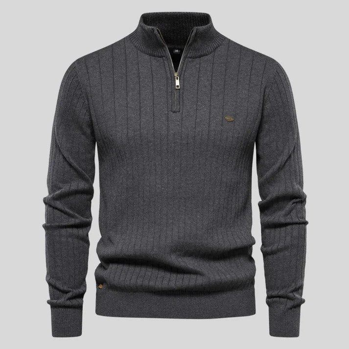 Velina Moda | Sweater - Half-Zipper Ribbed Structure Stand-Up Collar