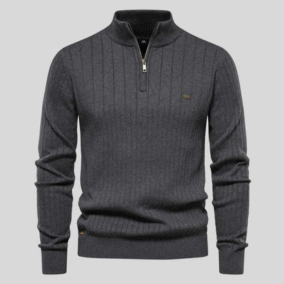Velina Moda | Sweater - Half-Zipper Ribbed Structure Stand-Up Collar