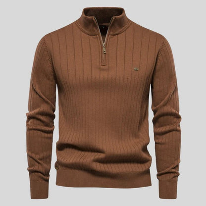 Velina Moda | Sweater - Half-Zipper Ribbed Structure Stand-Up Collar