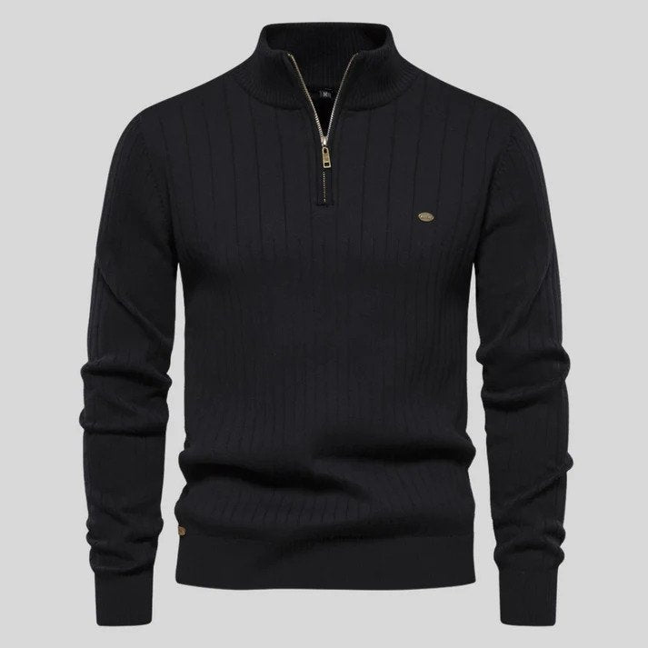 Velina Moda | Sweater - Half-Zipper Ribbed Structure Stand-Up Collar
