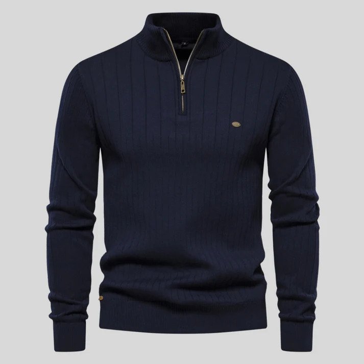 Velina Moda | Sweater - Half-Zipper Ribbed Structure Stand-Up Collar