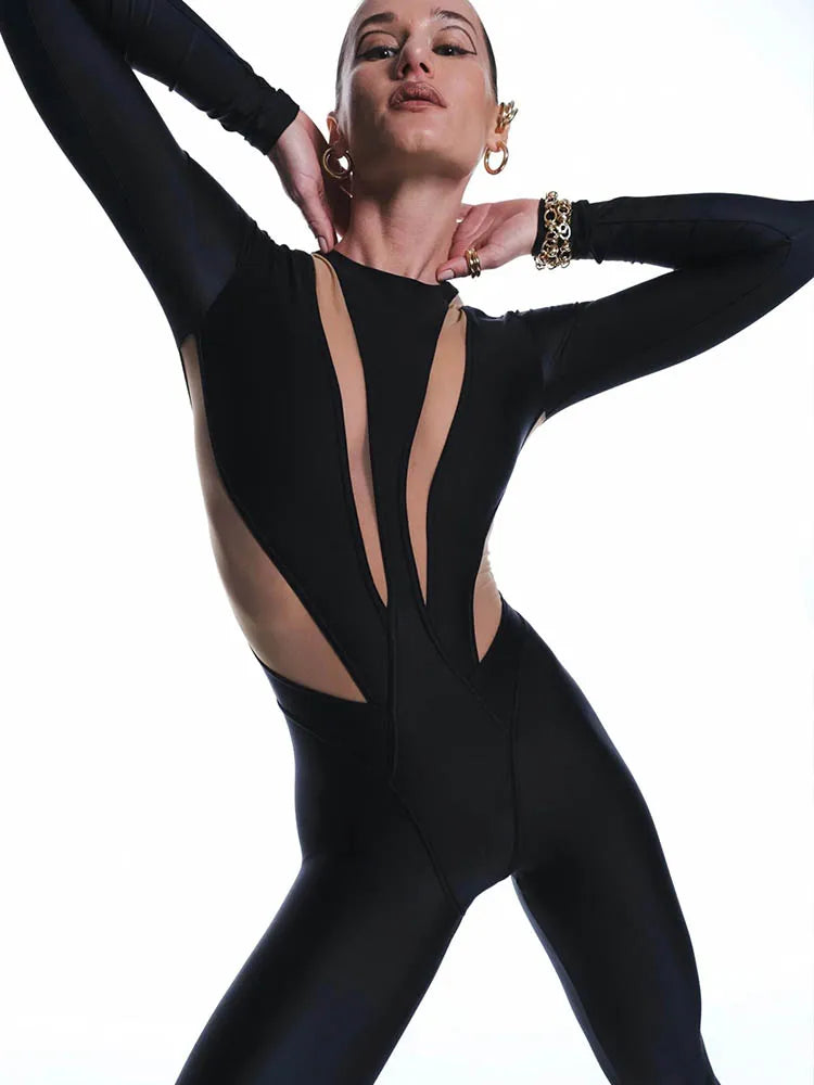 Monosuit with round neck and long sleeves