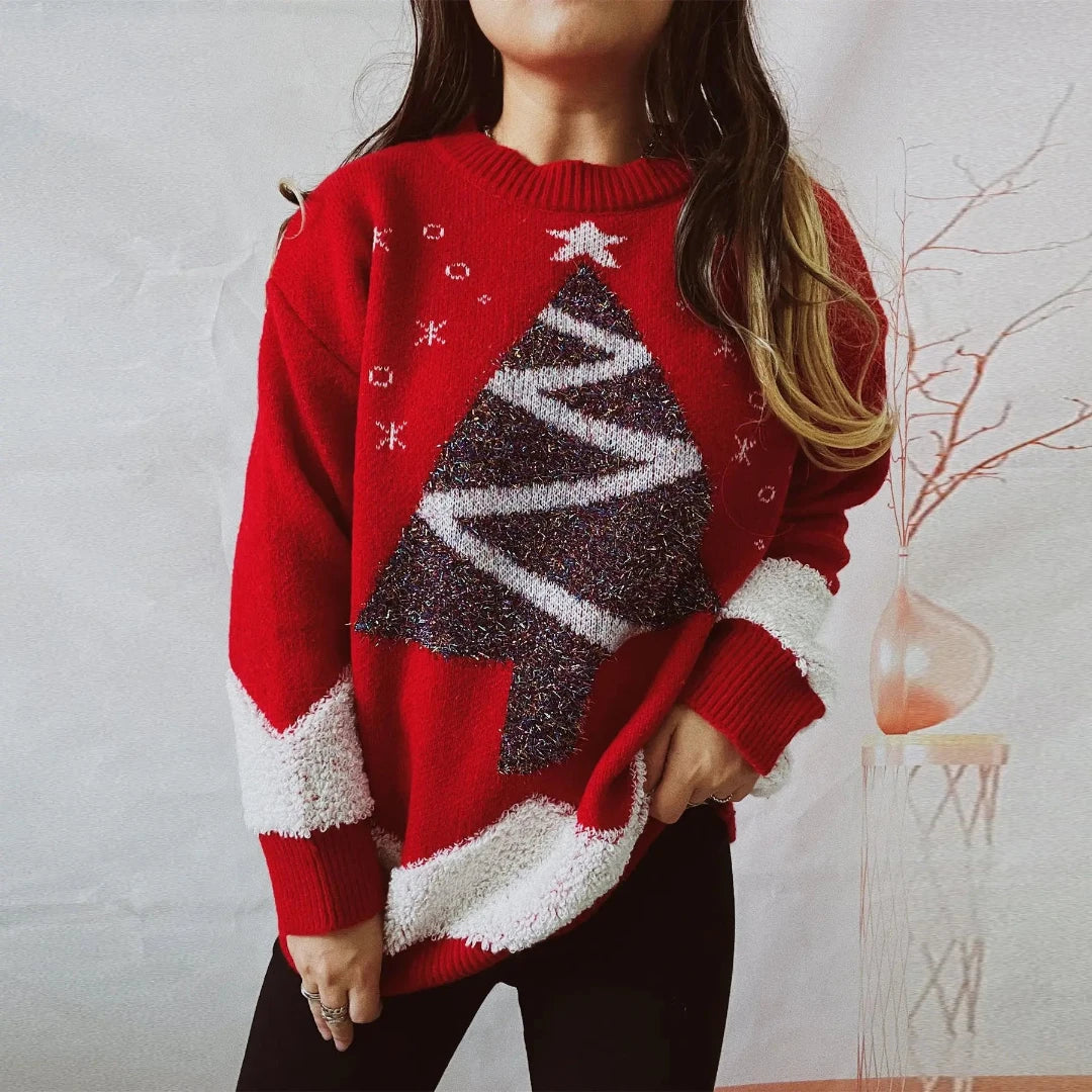 Velina Moda | Women's With Christmas Tree Loose Fit Winter Sweater