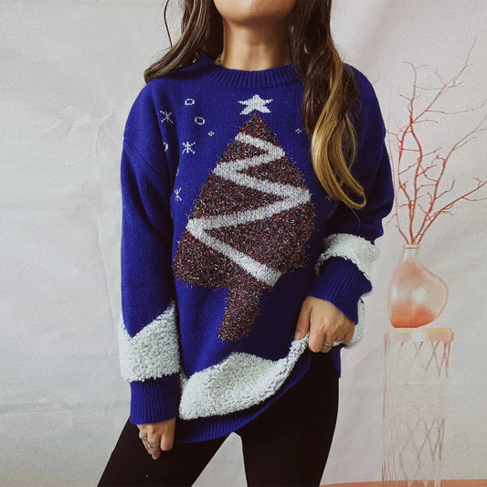 Velina Moda | Women's With Christmas Tree Loose Fit Winter Sweater