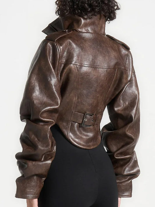 Velina Moda | Faux leather jacket - Fashionable cropped biker jacket with balloon sleeves & stylish design