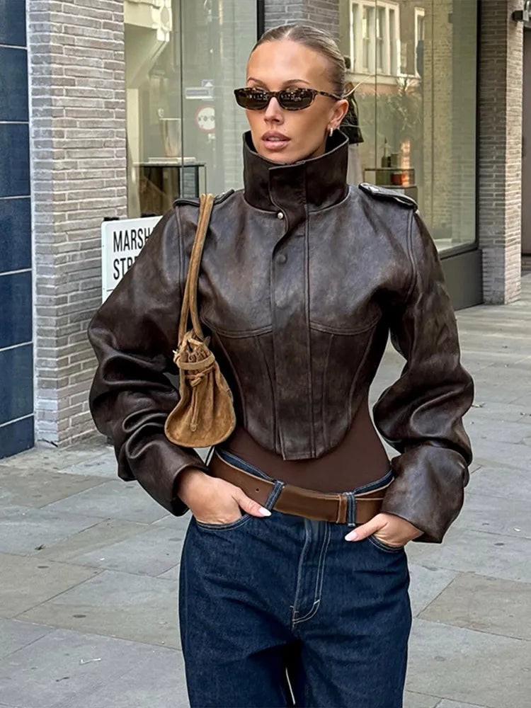 Velina Moda | Faux leather jacket - Fashionable cropped biker jacket with balloon sleeves & stylish design