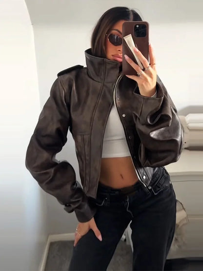 Velina Moda | Faux leather jacket - Fashionable cropped biker jacket with balloon sleeves & stylish design