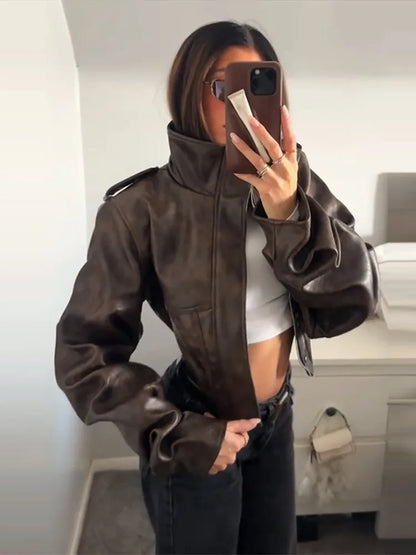 Velina Moda | Faux leather jacket - Fashionable cropped biker jacket with balloon sleeves & stylish design