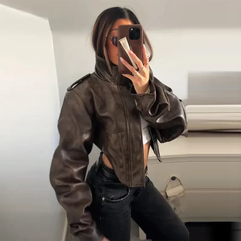 Velina Moda | Faux leather jacket - Fashionable cropped biker jacket with balloon sleeves & stylish design