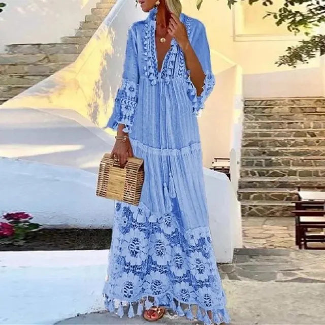 Bohemian long dress with lace and fringe