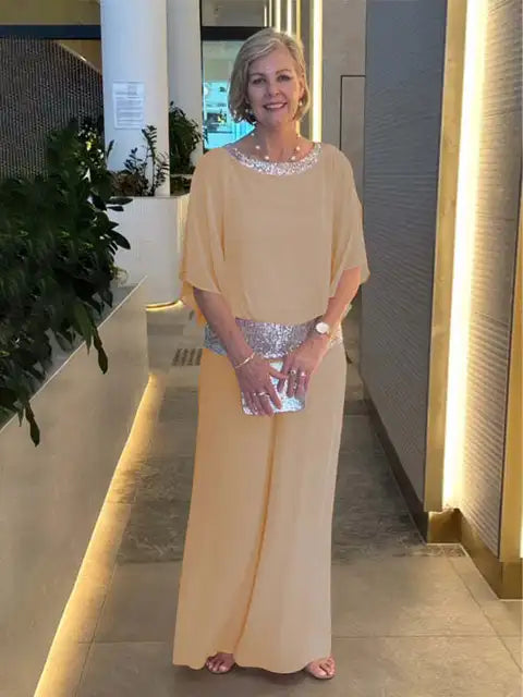 Elegant evening ensemble: Shiny top and palazzo pants